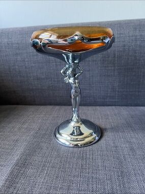 Farber Bros MCM Art Deco Nude Figural Compote with Amber Glass Bowl and chrome